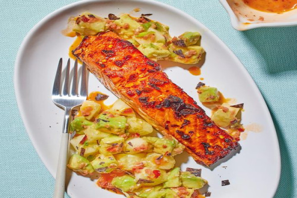 Chili Crisp Salmon with Avocado and Cucumber Salad