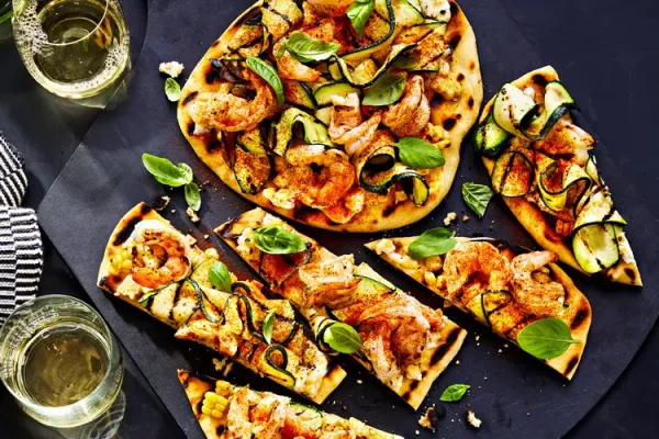Zucchini, Corn, and Shrimp Flatbread
