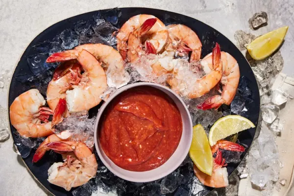 Lemon and GarlicPoached Shrimp with Barbecue Cocktail Sauce