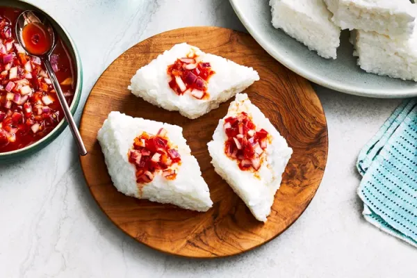 Kiribath with Lunu Miris (Coconut Rice with Sambal)