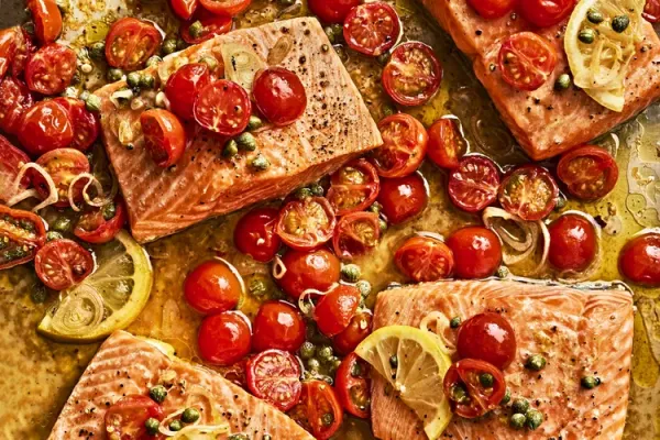 Sheet Pan Salmon with Gin Soaked Tomatoes