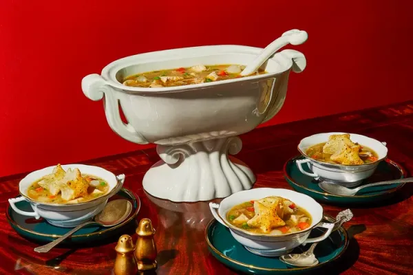 Chicken Pie Soup with Puff Pastry Croutons