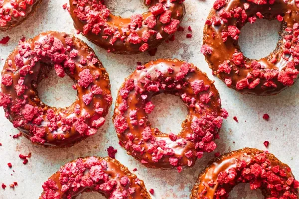 Chocolate French Crullers with Dried Raspberries and Fudge Glaze