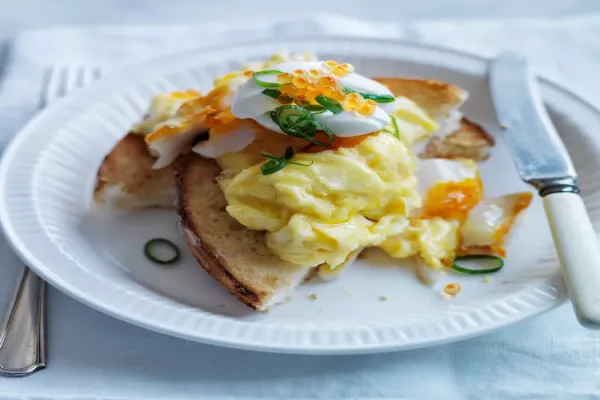 Soft-Scrambled Eggs with Smoked Sablefish and Trout Roe